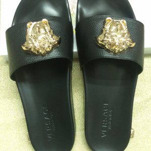 Versace Black Leather Slide Sandals with Gold Medusa Logo
