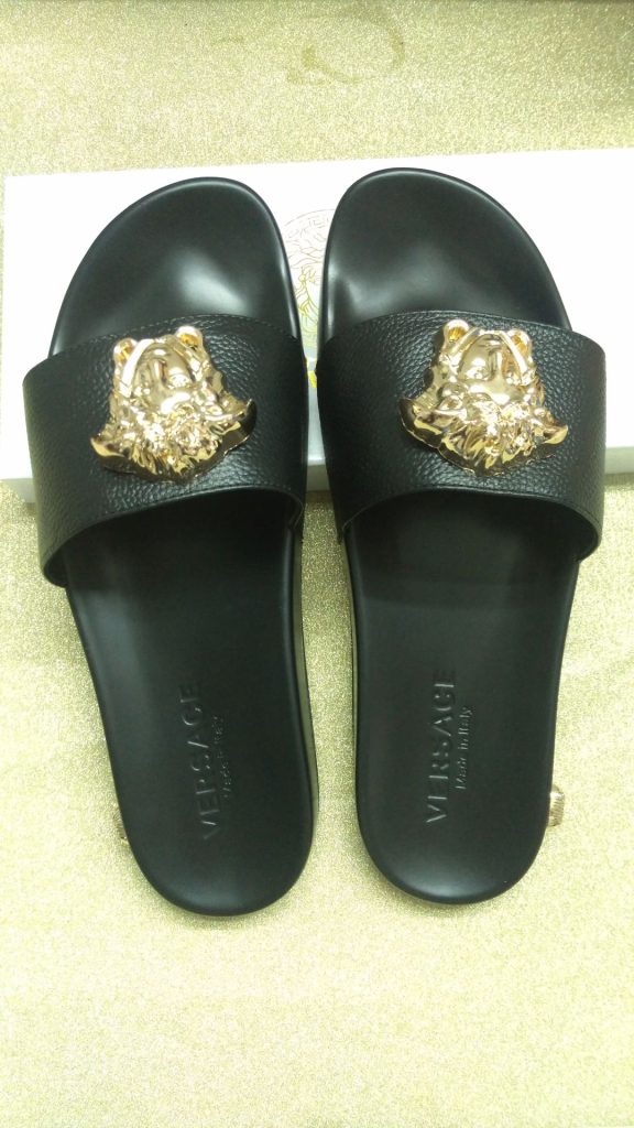 Versace Black Leather Slide Sandals with Gold Medusa Logo