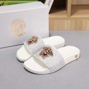 Versace White Crystal Slide Sandals with Lion Head Design
