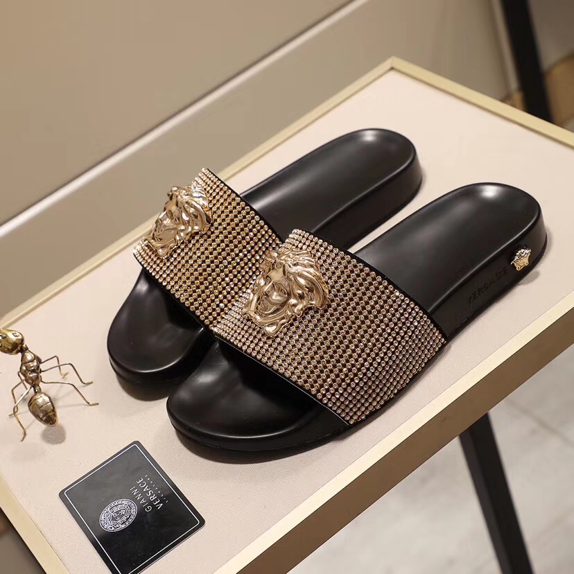 Luxury Gold Lion Slide Sandals Rhinestone Black Flat Slipp