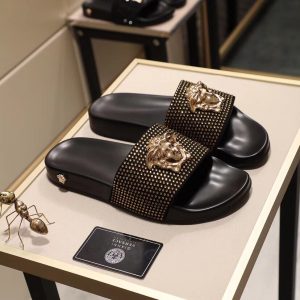 Versace Black Lion Head Studded Slide Sandals