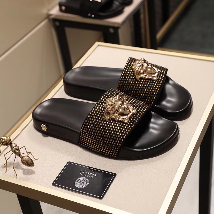 Versace Black Lion Head Studded Slide Sandals