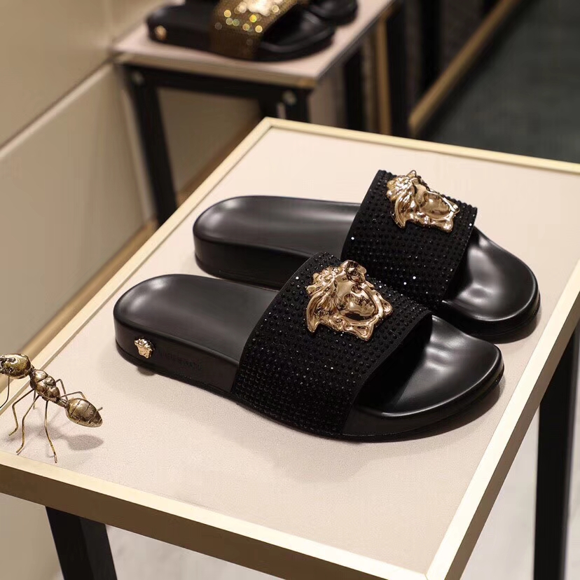 Versace Inspired Black Crystal Slide Sandals with Lion Emble