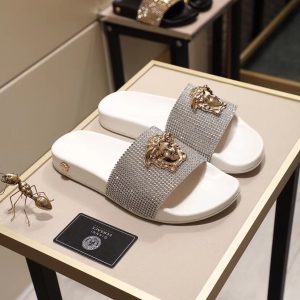 Versace Crystal Rhinestone Slide Sandals in White and Silver