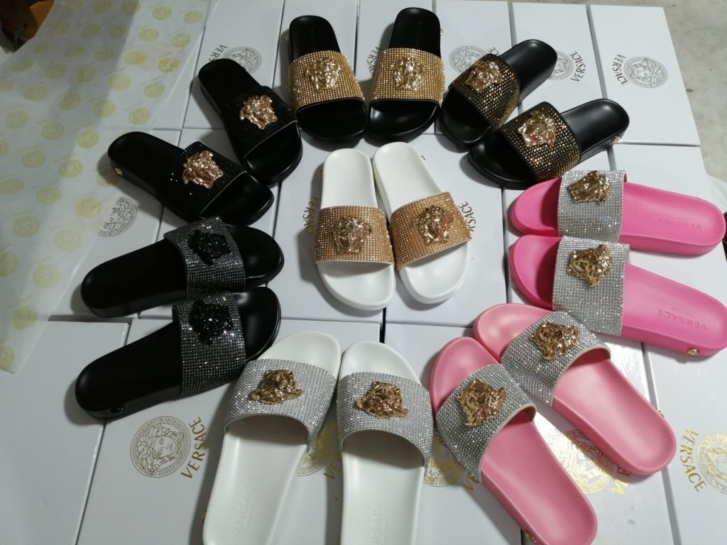 Versace Rhinestone Slide Sandals in Black, White, Pink, and