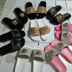 Versace Rhinestone Slide Sandals in Black, White, Pink, and