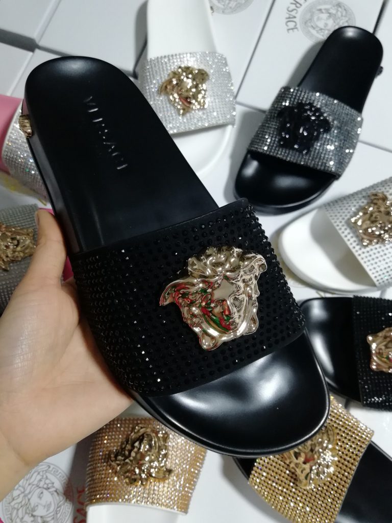 Versace Women’s Diamond Slide Sandals, Black White, Rhinesto