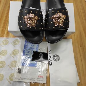 Versace Black Studded Slide Sandals with Gold Medusa Logo