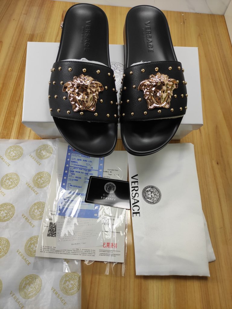 Versace Black Studded Slide Sandals with Gold Medusa Logo