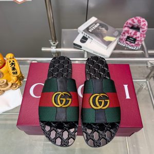 Gucci Green and Red Logo Slide Sandals, Fabric, Luxury Fashi