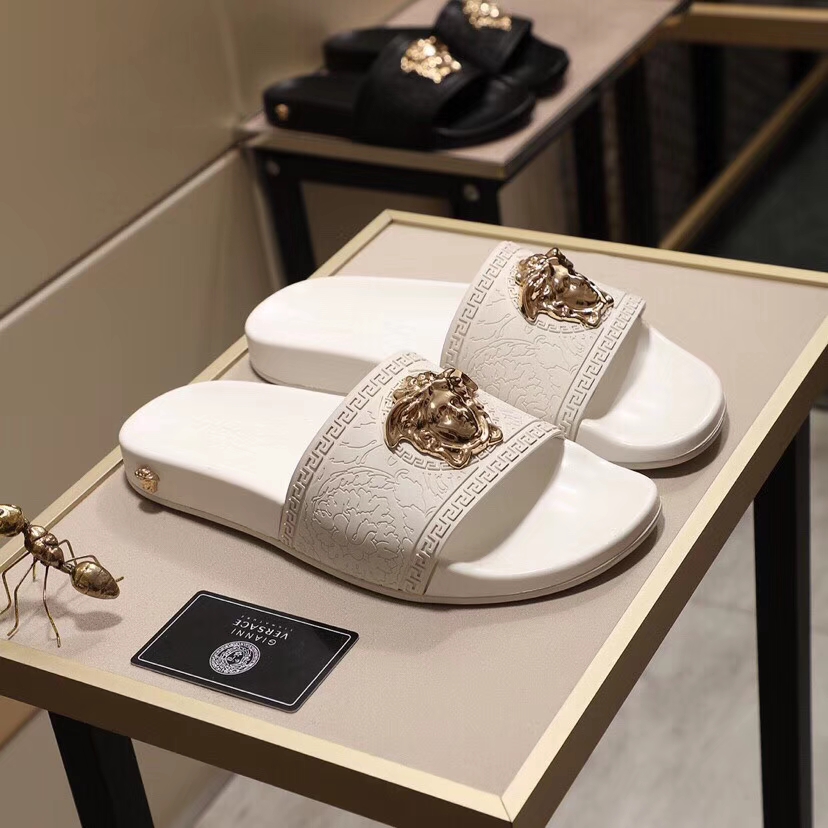 Luxury Beige Lion Head Slide Sandals for Men by Versace