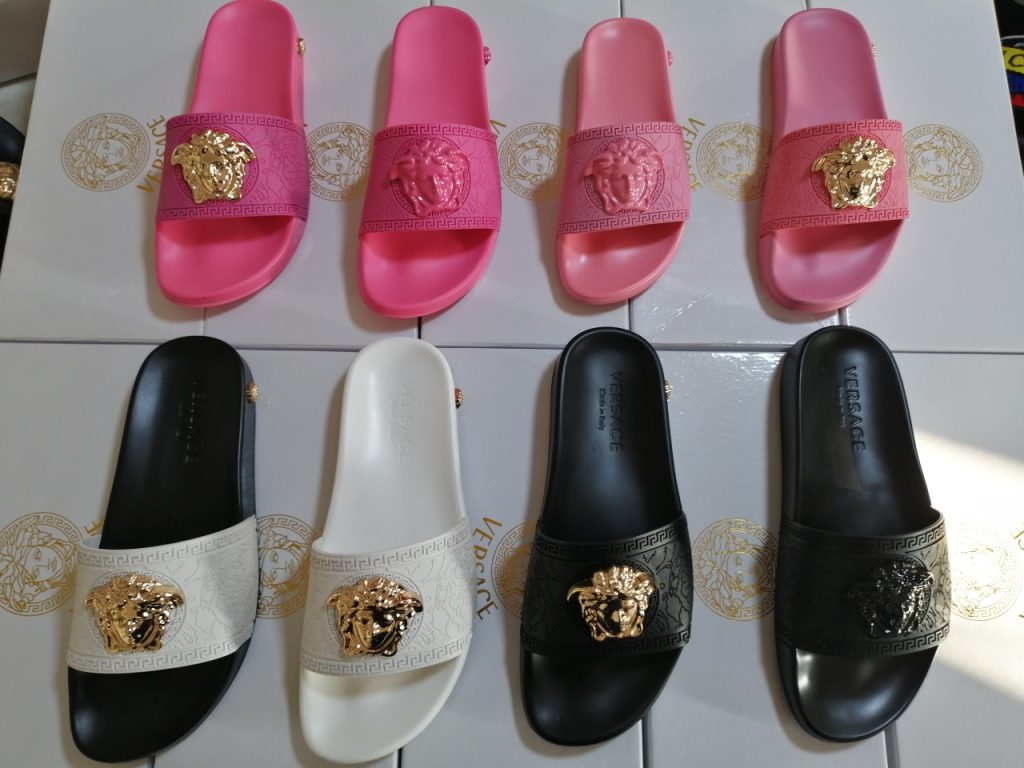 Versace Logo Slide Sandals in Black, Pink, White – Luxury De