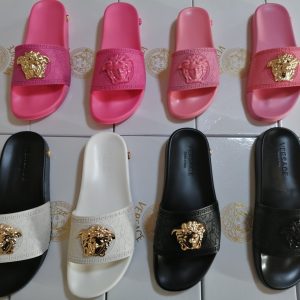 Versace Logo Slide Sandals in Black, Pink, White – Luxury De