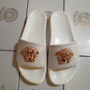 Versace Women's White Logo Slide Sandals with Gold Medusa Em