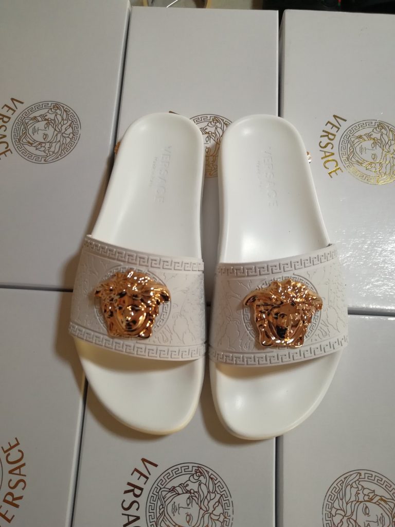 Versace Women’s White Logo Slide Sandals with Gold Medusa Em