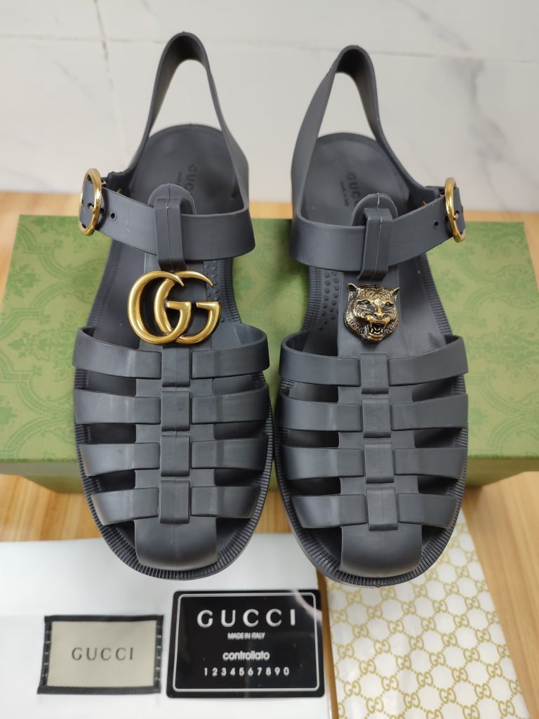 Gucci Women’s Grey Rubber Sandals with GG and Tiger Emblems