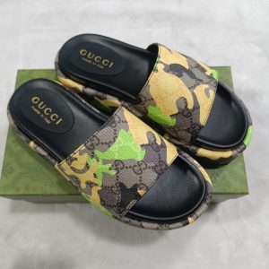 Gucci Camo Slide Sandals in Green and Yellow, Fabric Upper
