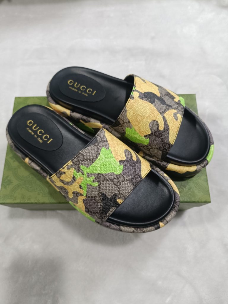 Gucci Camo Slide Sandals in Green and Yellow, Fabric Upper