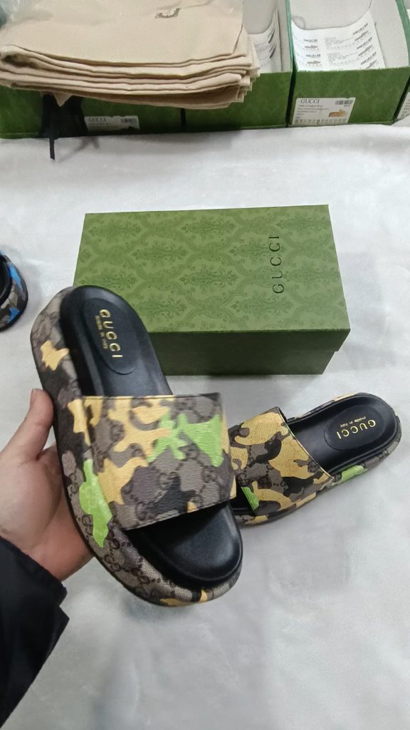 Gucci Camouflage Slide Sandals in Multicolor Fabric