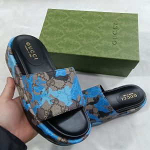 Gucci Women's Blue Floral Slide Sandals, Canvas Upper, Desig