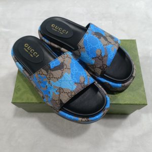 Gucci Blue Camouflage Slide Sandals for Women, Fabric Upper
