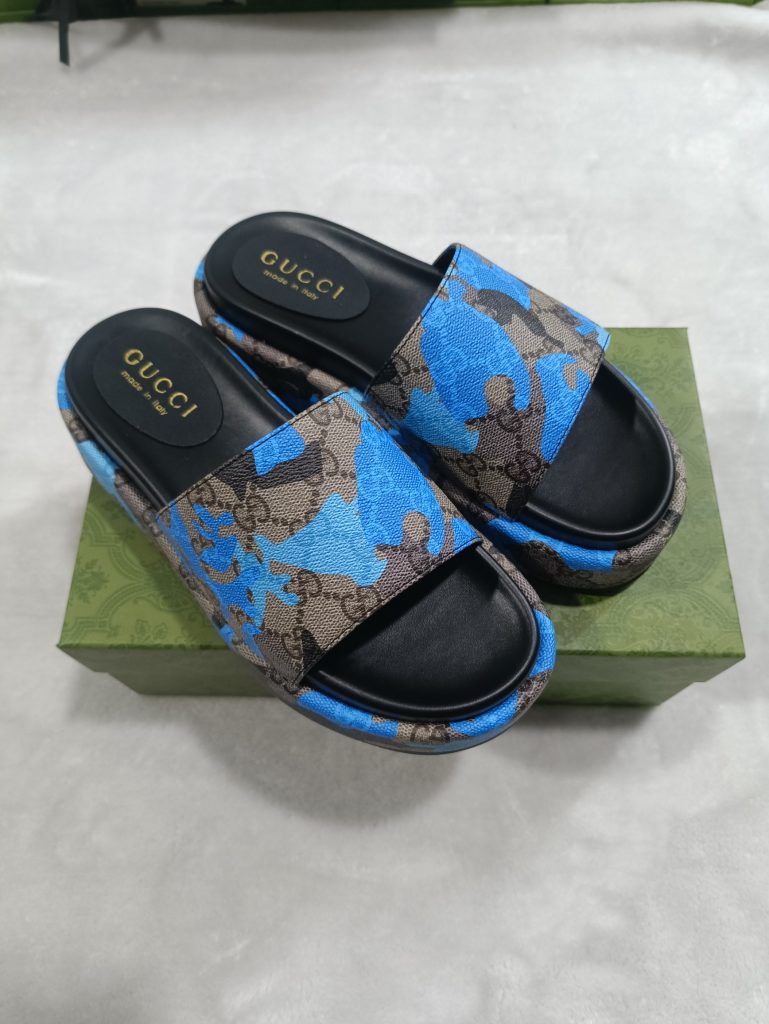 Gucci Blue Camouflage Slide Sandals for Women, Fabric Upper