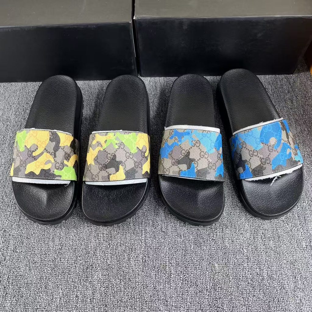 Gucci Men’s Camouflage Slide Sandals, Multi Color, Rubber Up
