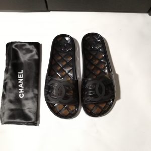 Chanel Black PVC Slide Sandals with Logo and Quilted Pattern