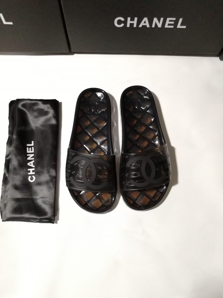 Chanel Black PVC Slide Sandals with Logo and Quilted Pattern
