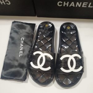 Chanel Black PVC Slides with White Logo Luxury Casual Foot