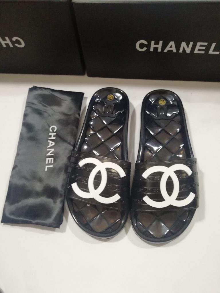 Chanel Black PVC Slides with White Logo Luxury Casual Foot