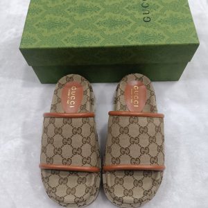 Gucci Women's GG Monogram Slides in Beige with Orange Accent