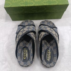 Gucci Blue Monogram Print Slide Sandals for Women