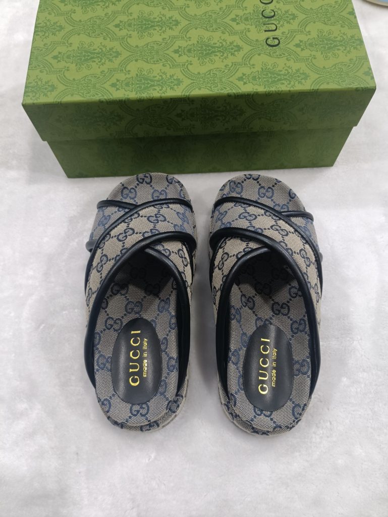 Gucci Blue Monogram Print Slide Sandals for Women