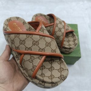 Gucci Brown Monogram Platform Slides with Cross Strap Design
