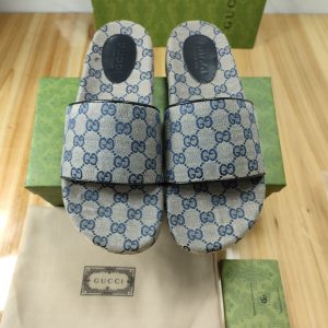 Gucci GG Canvas Slide Sandals in Blue and Beige