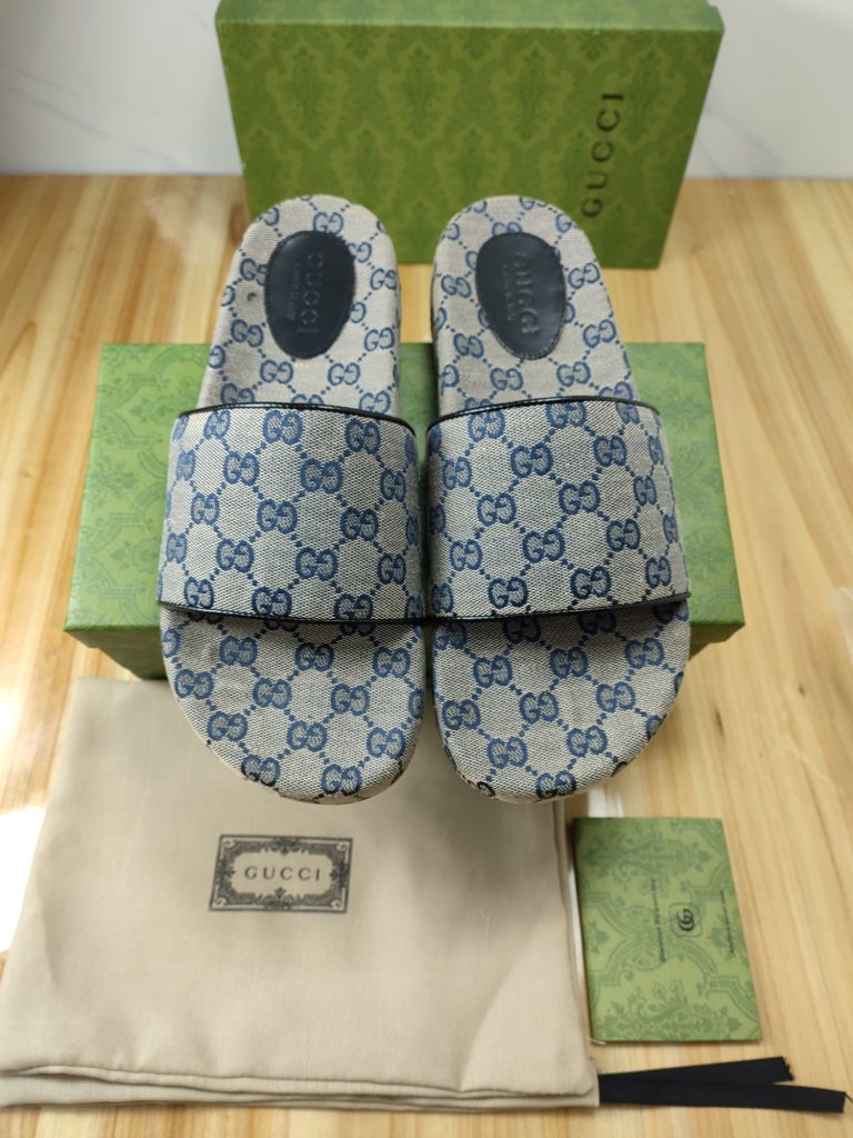 Gucci GG Canvas Slide Sandals in Blue and Beige