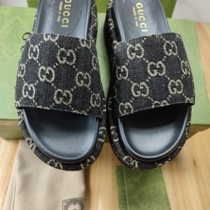 Gucci Black Denim Logo Slide Sandals Made in Italy