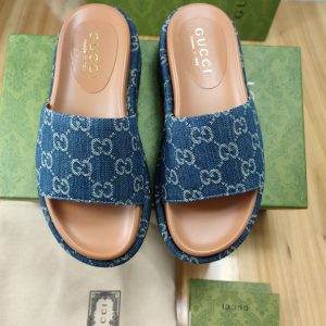 Gucci Denim Slide Sandals with Platform, Blue, Logo Pattern