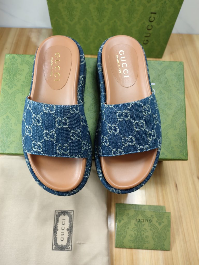 Gucci Denim Slide Sandals with Platform, Blue, Logo Pattern