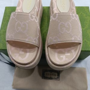 Gucci GG Logo Pink Slide Sandals Women's Fabric Platform S