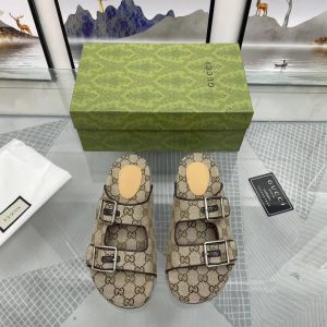 Gucci Logo Slide Sandals in Beige Canvas with Buckles