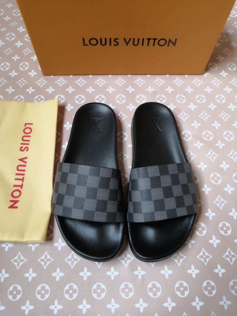 Louis Vuitton Men’s Checkered Slide Sandals in Black and Gra