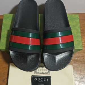 Gucci Striped Slide Sandals in Black, Green, and Red Rubber,