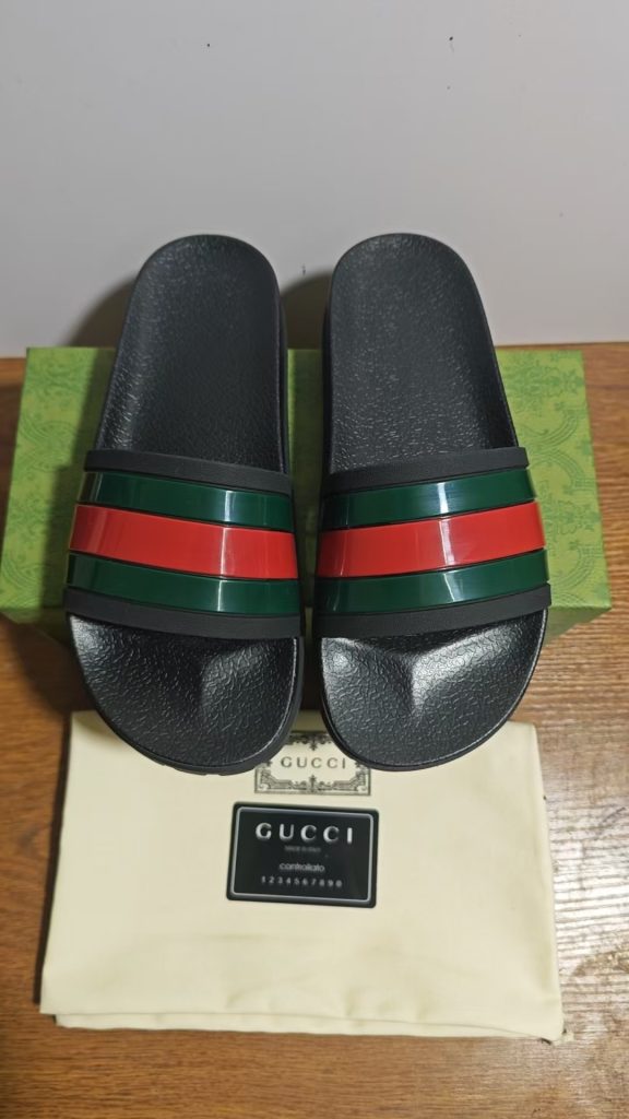 Gucci Striped Slide Sandals in Black, Green, and Red Rubber,