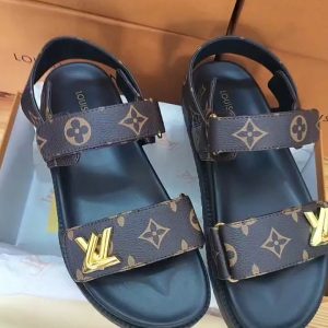 Louis Vuitton Monogram Brown Leather Slide Sandals for Women