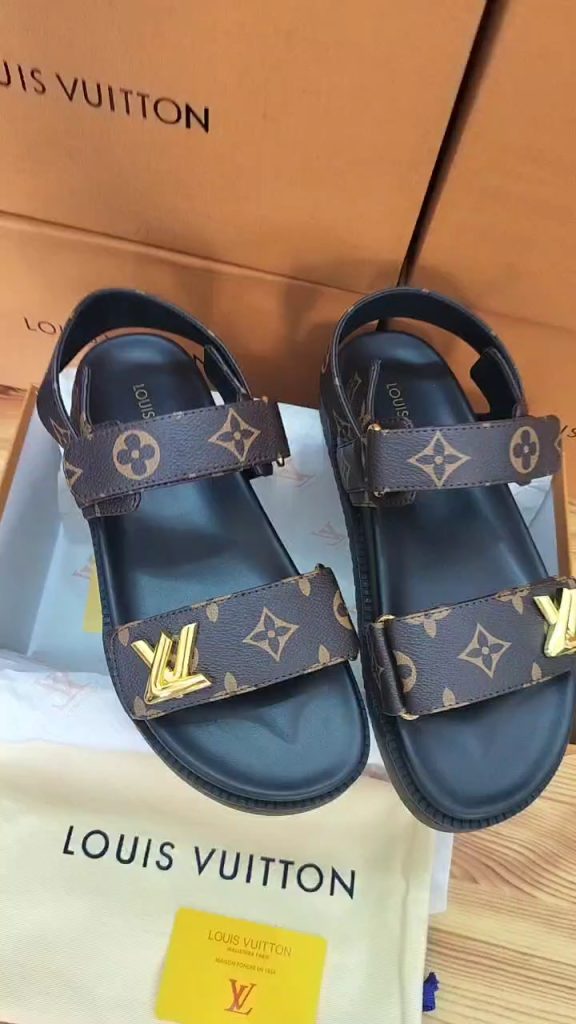 Louis Vuitton Monogram Brown Leather Slide Sandals for Women