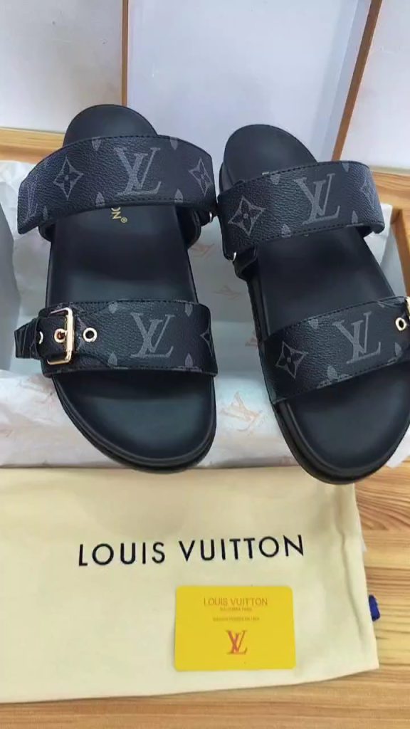 Louis Vuitton Black Monogram Slide Sandals Luxury Fashion
