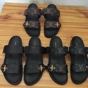 Louis Vuitton Monogram Slide Sandals Brown Leather Fashion