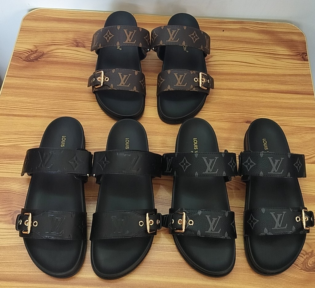 Louis Vuitton Monogram Slide Sandals Brown Leather Fashion